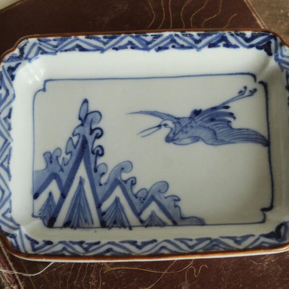 Vintage 1800s Sometsuke Plate, Antique Crane Pattern Blue And White Small Tray - Picture 2 of 13